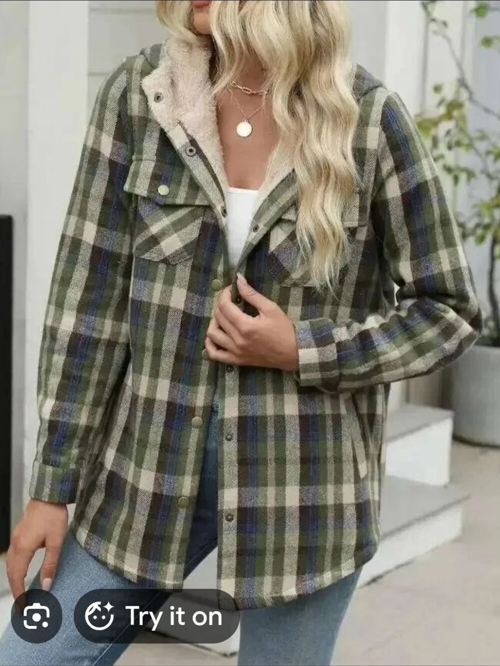 🔴 Zeagoo Green Blue Plaid Button Front Hooded Jacket Shacket